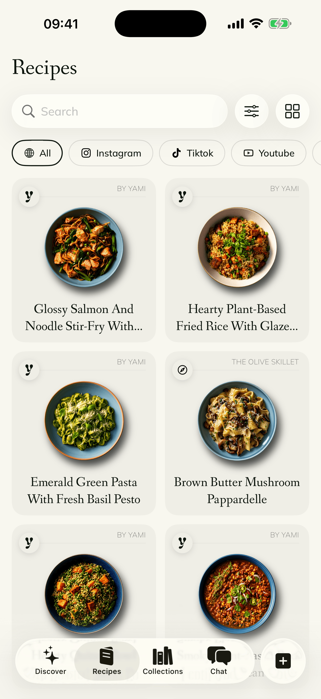 Yami library with all saved recipes in one grid